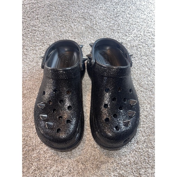 CROCS Classic BAE Glitter Stud Platform Shoes Women 8 Black Goth Chunky Rare - Picture 2 of 12